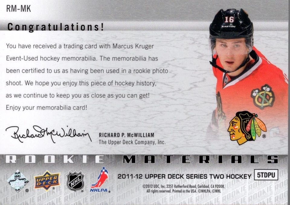 2011-12 Upper Deck Rookie Materials #RMMK Marcus Kruger Jersey - HKY - Image 2 of 2