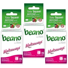 3 Pack Beano Meltaways Food Enzyme Dietary Supplement 15 Tablets Strawberry