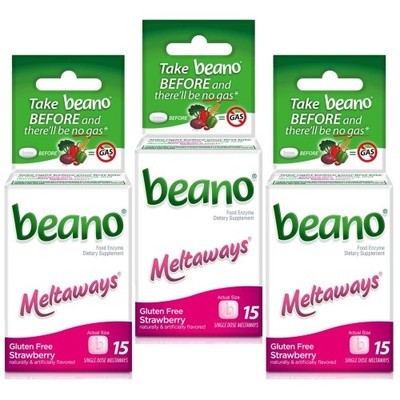 3 Pack Beano Meltaways Food Enzyme Dietary Supplement 15 Tablets Strawberry
