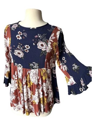 Ces Femme Womens M Multicolor Floral Peasant Boho Babydoll Top Cottagecore