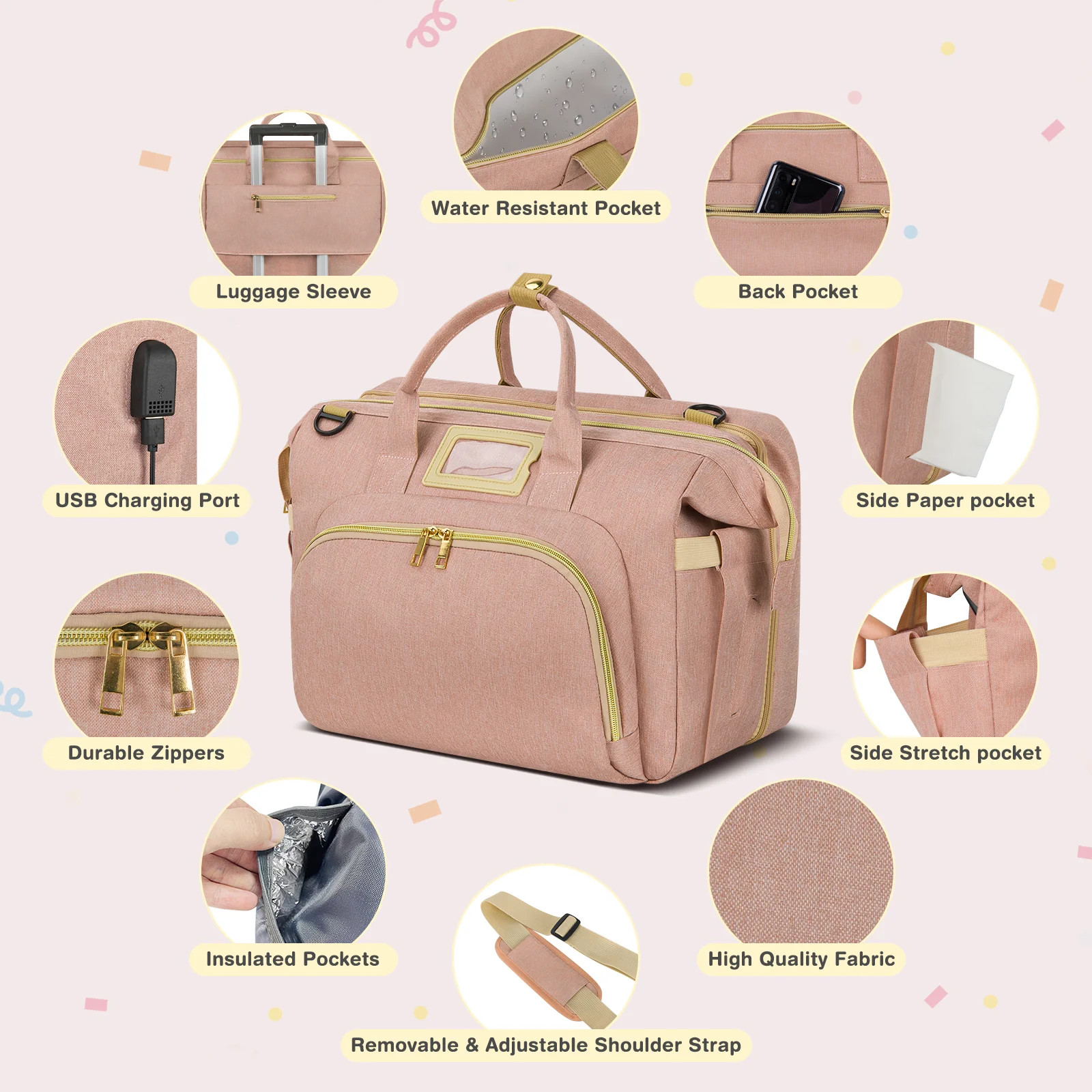 Diaper Bag Tote, Multifunctional Baby Changing Bag with Insulated Milk Bottle Po