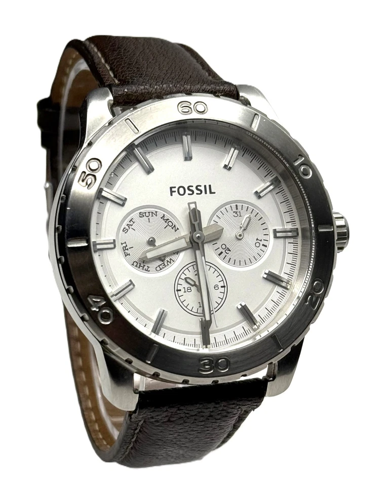 FOSSIL BQ1623 S. STEEL MULTIFUNCTION SATIN WHITE DIAL LUME HANDS 10ATM MEN WATCH - image 2 of 4