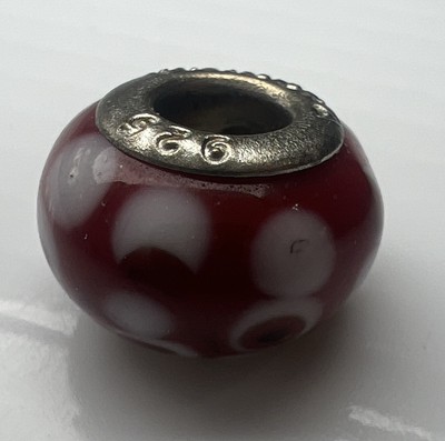 925 Sterling Silver Retro Slide Bubble Bead Murano Glass Burgundy Red White Dots