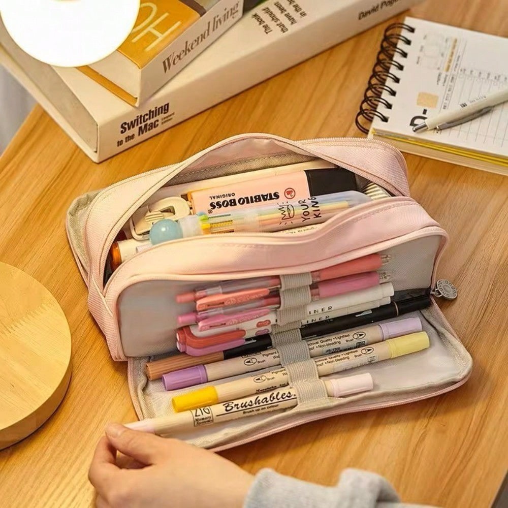 Case 3 Compartment Pouch Pen Bag For School Teen Girl Boy