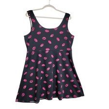 Torrid Womens Plus Size 3 Black Pink Lips Polka Dot Skater Dress Sleeveless 3X