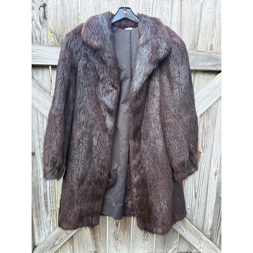 VTG Pd FURS Argentina Long Hair Beaver Real Fur Coat Lined Jacket Womens S