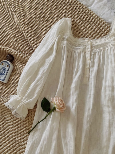 Mujeres Verano Otoño Camisón Prendas para dormir Vestido Blanco Algodón Vestido de noche - Imagen 6 de 14