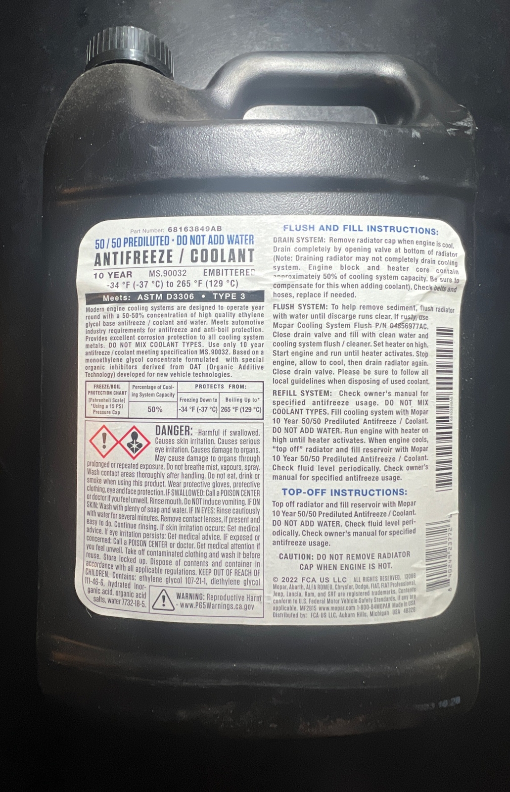 Mopar 68163849AB Engine Coolant / Antifreeze 10 Year 50/50 | eBay 