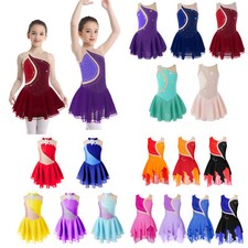Girls Rhinestones Leotard Ballerina Figure Skating Dress Tutu Skirted Dancewear