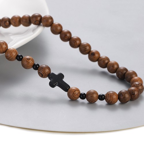 Men Natural Wood Stone Beaded Necklace Fashion Cross Jewelry Gift 22'' - Foto 14 di 28