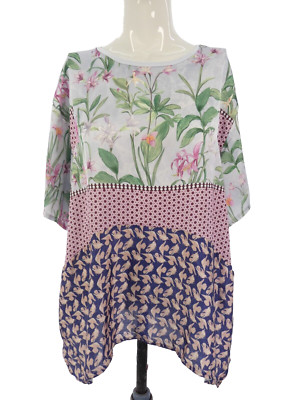 Zara Top T-Shirt Bluse Tunika Blumenmuster Tupfen rustikal Patchwork Größe M