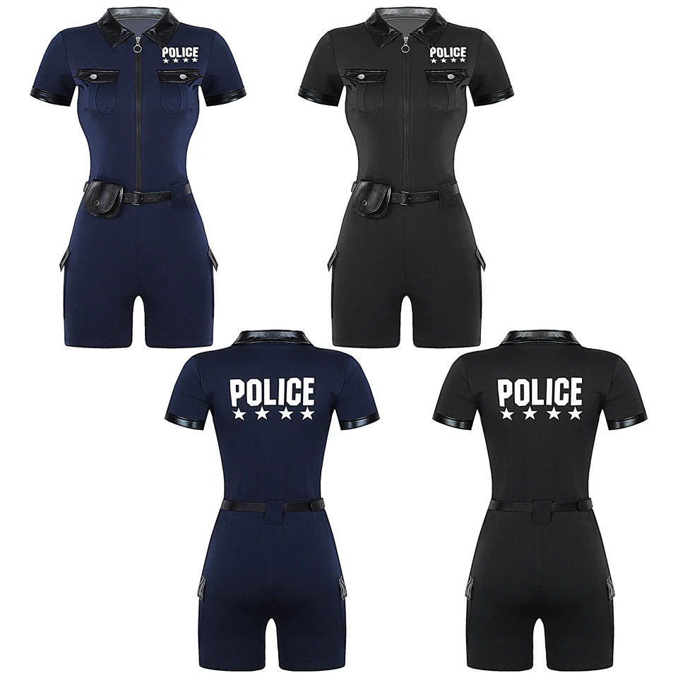 Sexy Disfraz de Oficial de Policía para Mujer Uniforme de Halloween Mono con Cinturón Cartera Foto 2 de 3