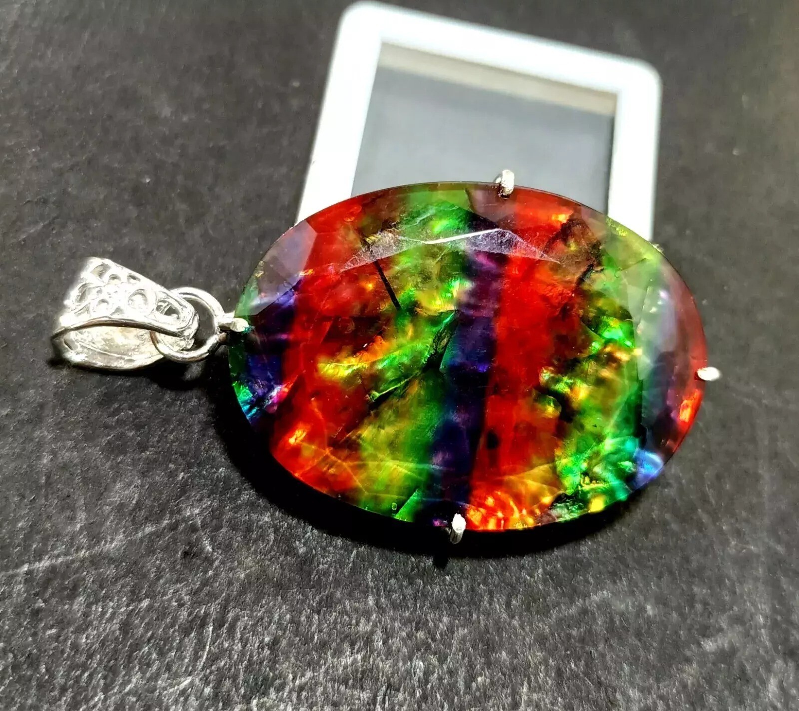 93 Ct Natural Ammolite Loose Gemstone in 925 Solid Silver Pendant Oval Cut