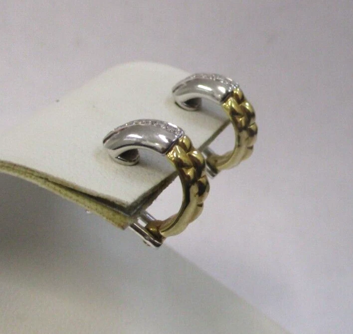 FOPE ITALY 18K YELLOW & WHITE GOLD .10ctw DIAMOND HALF HOOP EARRINGS OMEGA BACKS - Image 3 of 4
