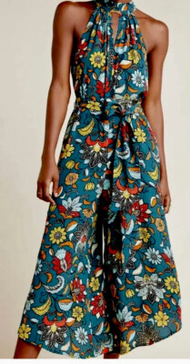 Anthropologie Geneva Teal Bold Mod Floral Halter Wide Leg Jumpst Pockets Sz XS