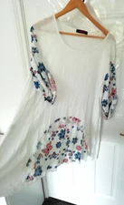 Made in Italy One Size White Blue Pink Floral Cotton Lagenlook Blouse Top Lace