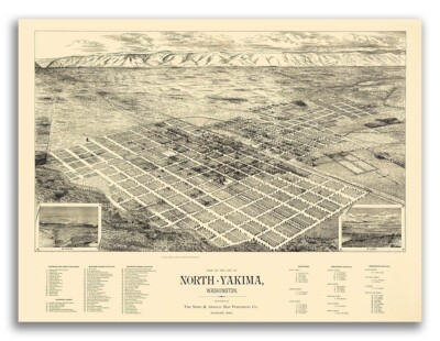 1889 North Yakima Washington Vintage Old Panoramic City Map - 20x28