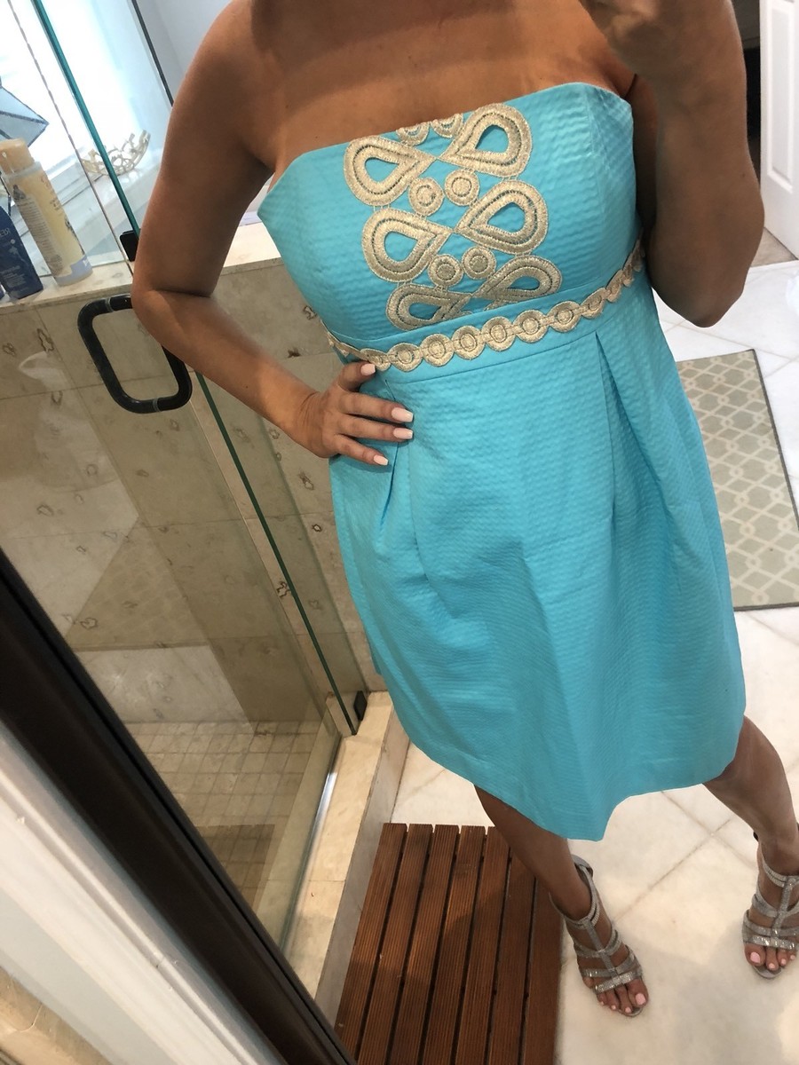 lilly pulitzer turquoise and gold dress LILLY PULITZER Betsey Turquoise Gold Crochet Lace Strapless Dress 4