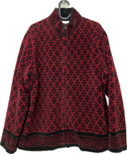 Talbots Fleece Jacket Red Black Full Zip Lightweight Pattern Pockets Size L
