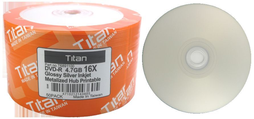 100 TITAN 16X Glossy Silver Inkjet HUB Printable DVD-R DVDR Disc