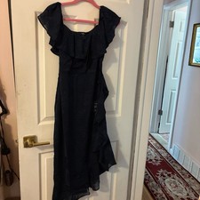 NWTs Lulus Navy Blue Midi Dress Lace Ruffles Size Small Side zipper