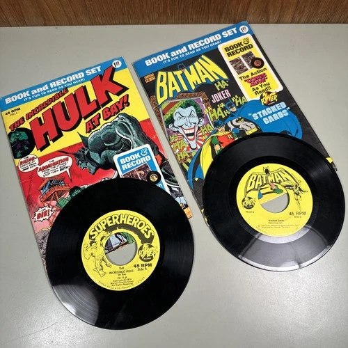 Lot Vintage Batman "Stacked Cards" & Hulk “At Bay” Comic Book and Record Set