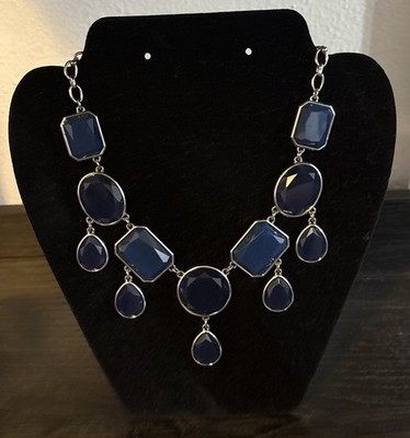 Kohls Necklace Navy Blue Teardrop Silver Tone Women s Statement Jewelry 11 in