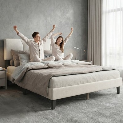 Queen Size Platform Bed Frame With Adjustable Fabric Upholstered Headboard And