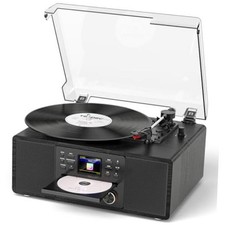 Bluetooth Vinyl Record Player with CD Internet Radio, 3-Speed Belt Black