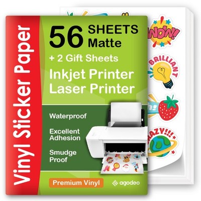 Premium Printable Vinyl Sticker Paper for Inkjet & Laser Printer - 56 Sheets ...