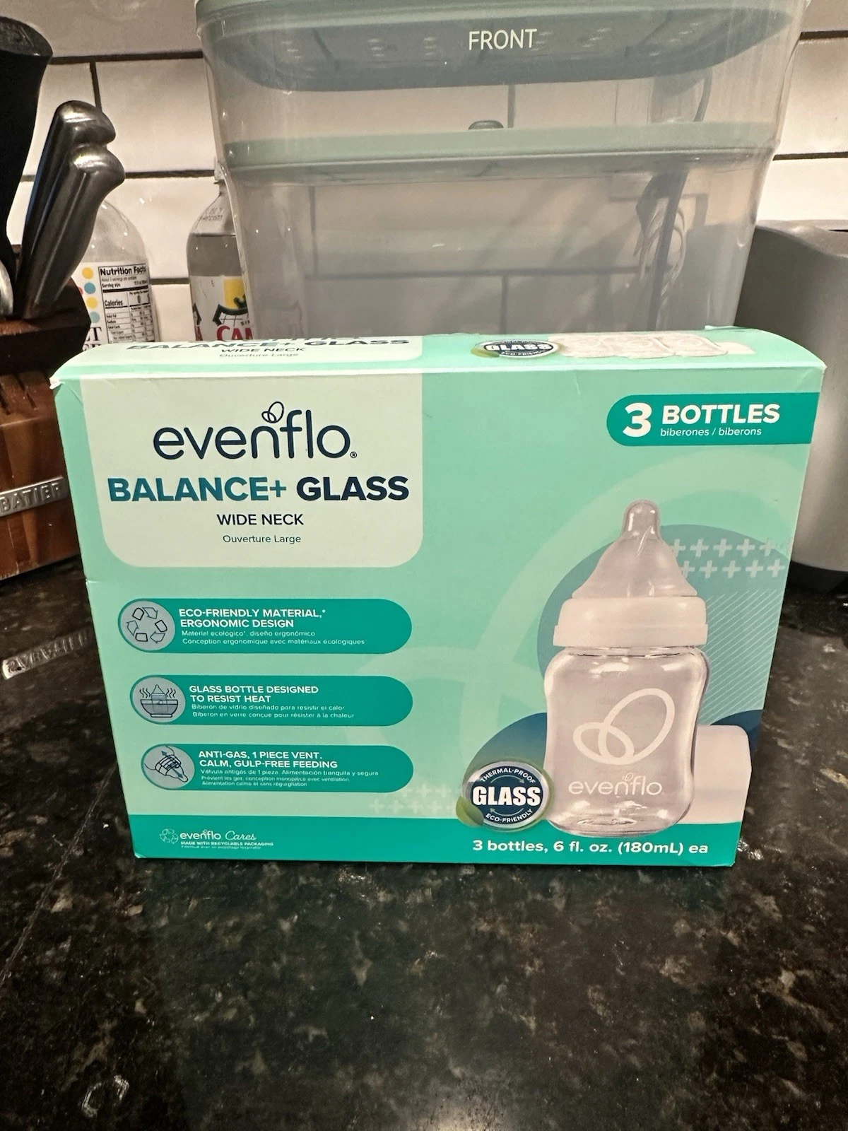 Evenflo Balance + Wide Neck Glass Bottles, 6 Fl oz, 3 Pack ***NEW