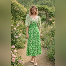 RIXO x Target Green Floral Midi Dress Puff Sleeve Smocked Size O