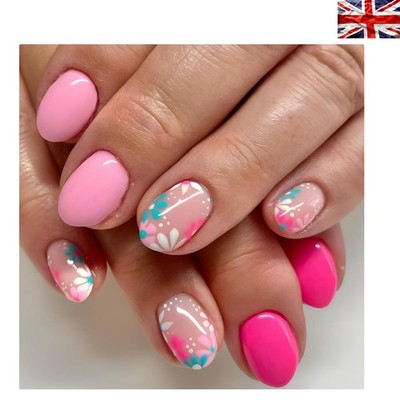24 Stück Floral Glossy Press On Nails - Kurz Oval Maniküre Kit für Frühling Eleganz