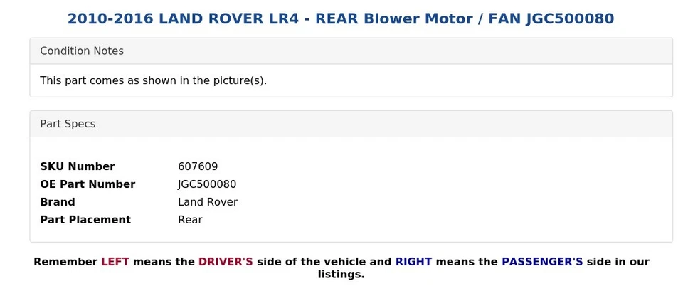 Land Rover LR4 2010-2016 - motor soplador trasero / ventilador JGC500080 Foto 4 de 4