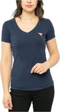 Image of Guess Jeans Womens V Neck Small Triangle Logo T shirt Navy Blue Red