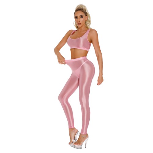 UK Women's Glossy Sleeveless Crop Top with High Waist Pants Yoga Gym Sports Set - Picture 44 of 108