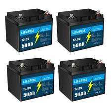 4PACK 12V 50Ah 640Wh LiFePO4 Lithium Battery with BMS for RV Off-grid Trolling