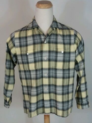 Vintage 40's 50's Rayon Wool Blend Flannel Plaid loop Collar Rockabilly Shirt L - Picture 1 of 7