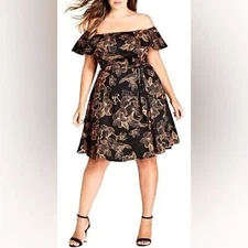 City Chic Dress Women's Size Large Black Floral Off Shoulder Ruffle  NWT