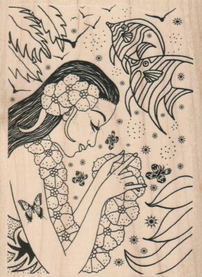 Lei Lady 4 x 5 1/4'' Rubber Stamp, Hawaii Stamp, Woman Stamp