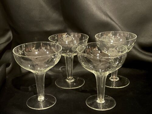 4 Crystal Hollow Etched Stem Rose & Leaf CHAMPAGNE Glasses Coupe's Vintage - Afbeelding 1 van 8