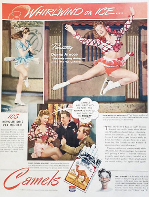 1945 Camel Cigarettes Turkish Blend Donna Atwood Skater Print Ad