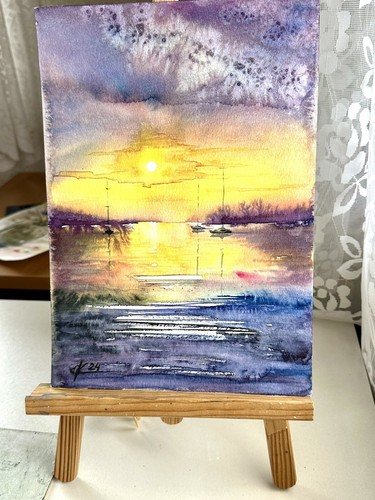 Original Watercolor Painting Sea scape sunset regatta yachts bright home decor - Picture 6 of 8