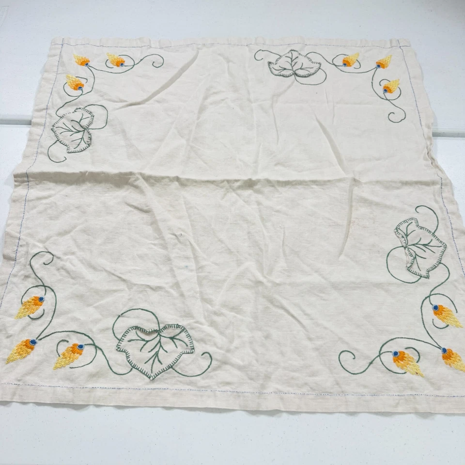 vintage tablecloth embroidered floral linen retro 30" square mcm retro - Image 2 of 4