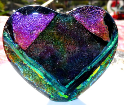 Dichroic Fused Glass Heart Free Standing  Valentines Day Paperweight Sculpture