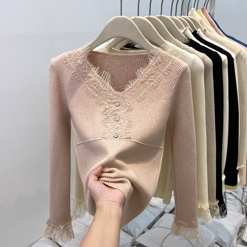 Lady Lace Splicing V-neck Knit Sweater Slim Thin Jumper Bottom Tops Winter Basic