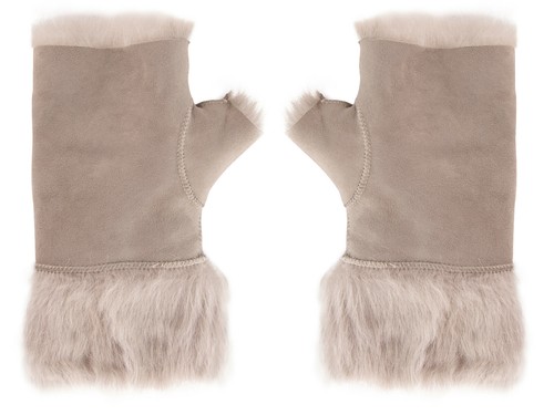 Womens Sheepskin Light Grey Cuffs Mittens Fingerless Shearling Suede Toscana Fur - Picture 5 of 5