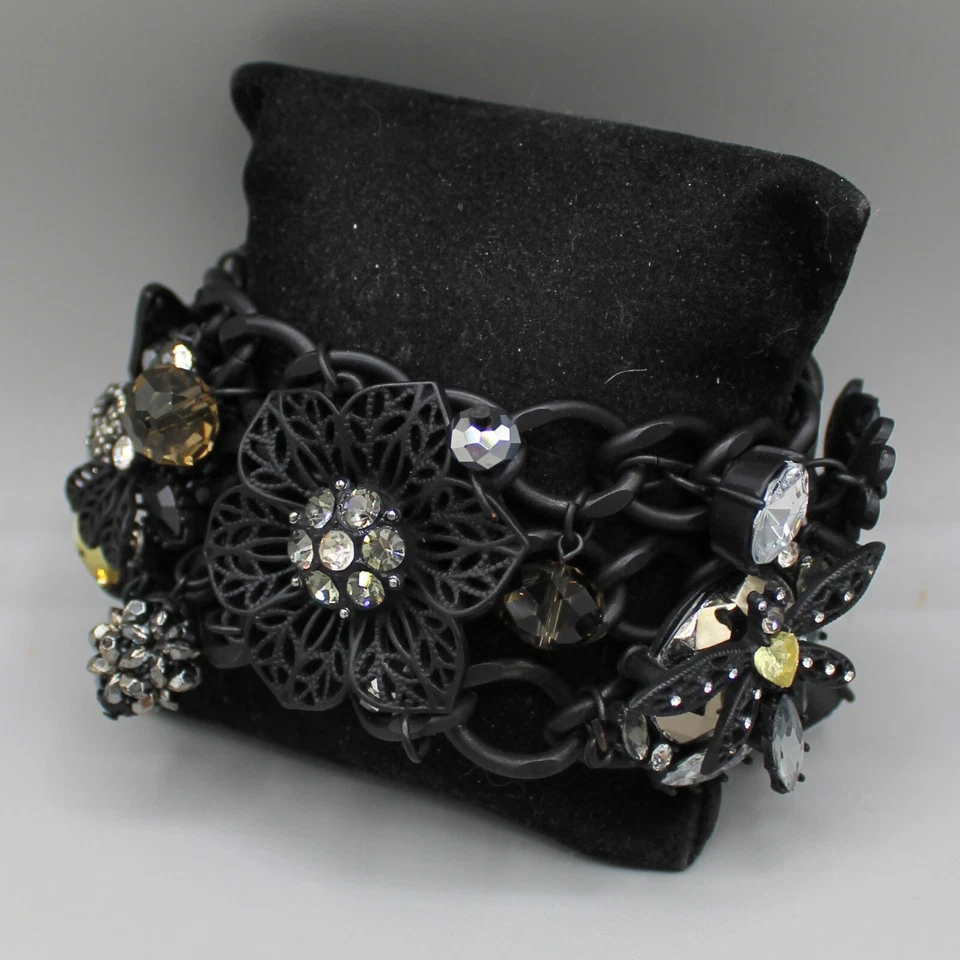 Pulsera Betsey Johnson Negro Dije Cota de malla Flores Estrás Cierre de palanca Foto 2 de 4