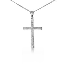Natural Diamond Cross Pendant Sterling Silver Necklace Large Handmade