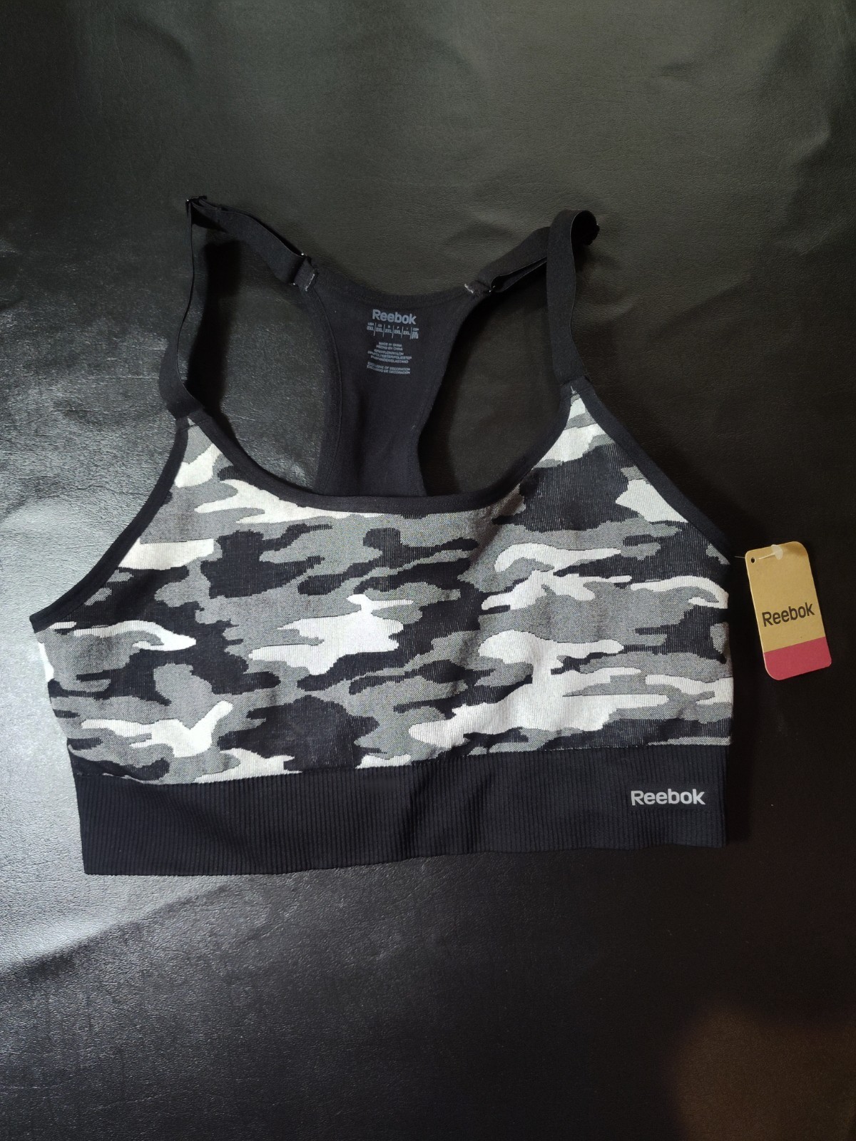 Reebok Women's Sports Bra Camo Black/Gray Sz 2XL Adjustable Atletic Yoga